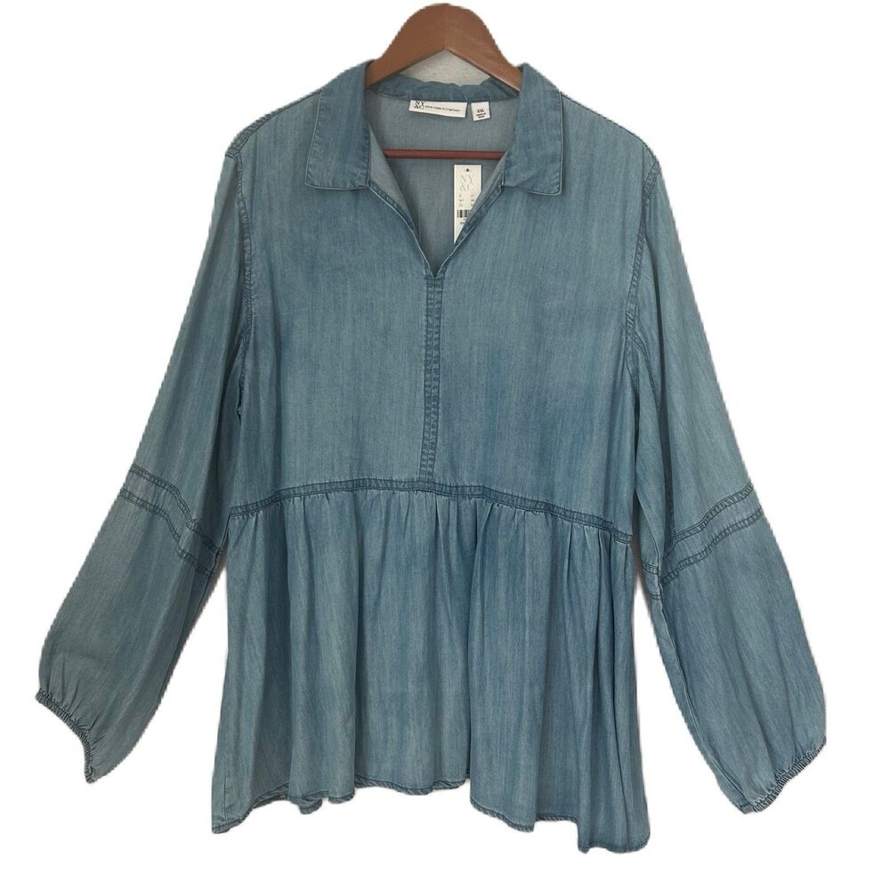 NY&C Top Women XXL Blue Chambray Denim Peplum Cotton Classic Comfy Boho NWT